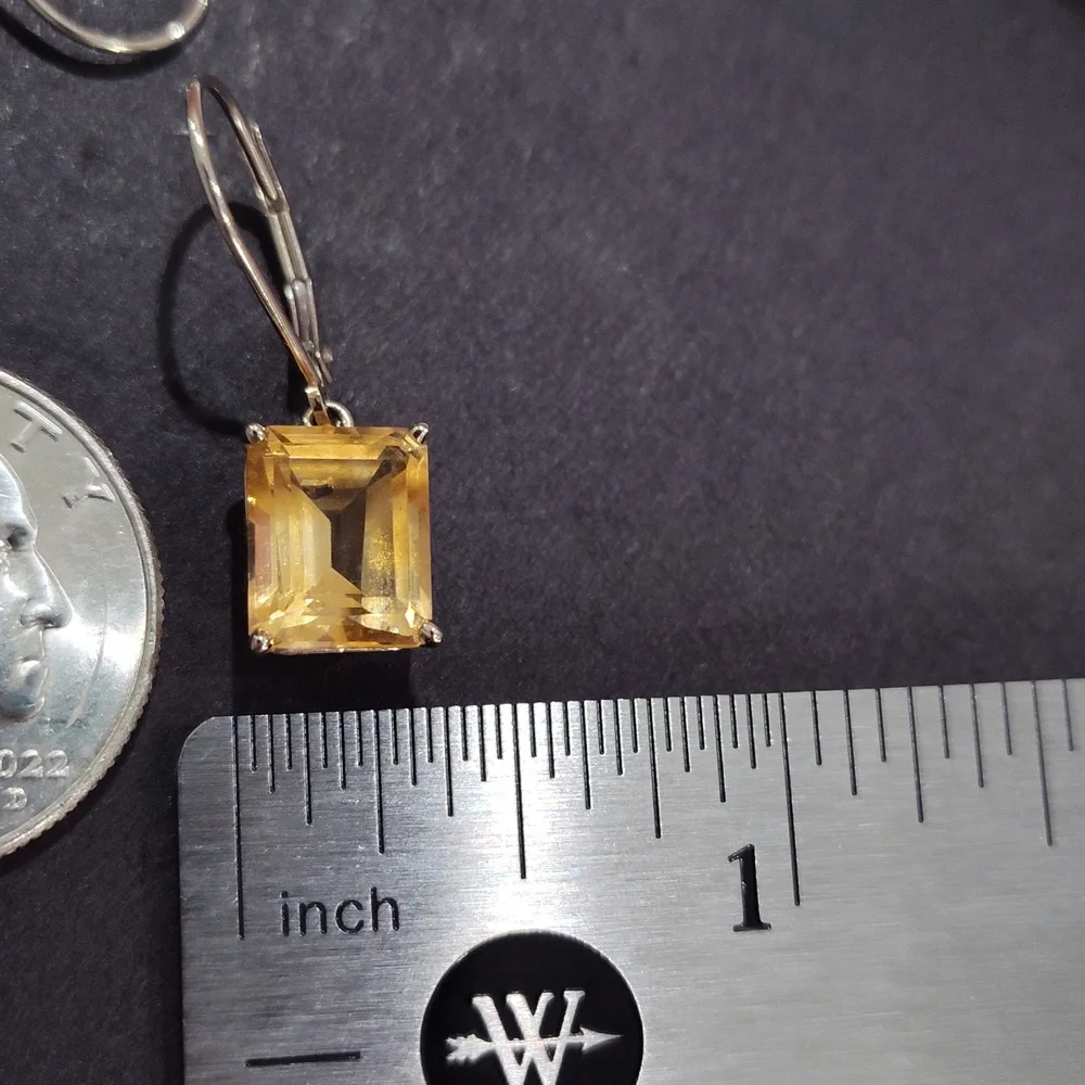 14k White Gold Emerald Cut Citrine Leverback Earrings - Picture 4 of 15